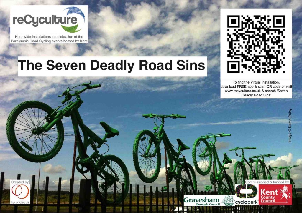 Seven green bikes leap from a fence, with title, logos & QR code