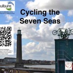 Four green bikes leap from the rooftop of the lookout on Margate Harbour, with title, logos & QR code
