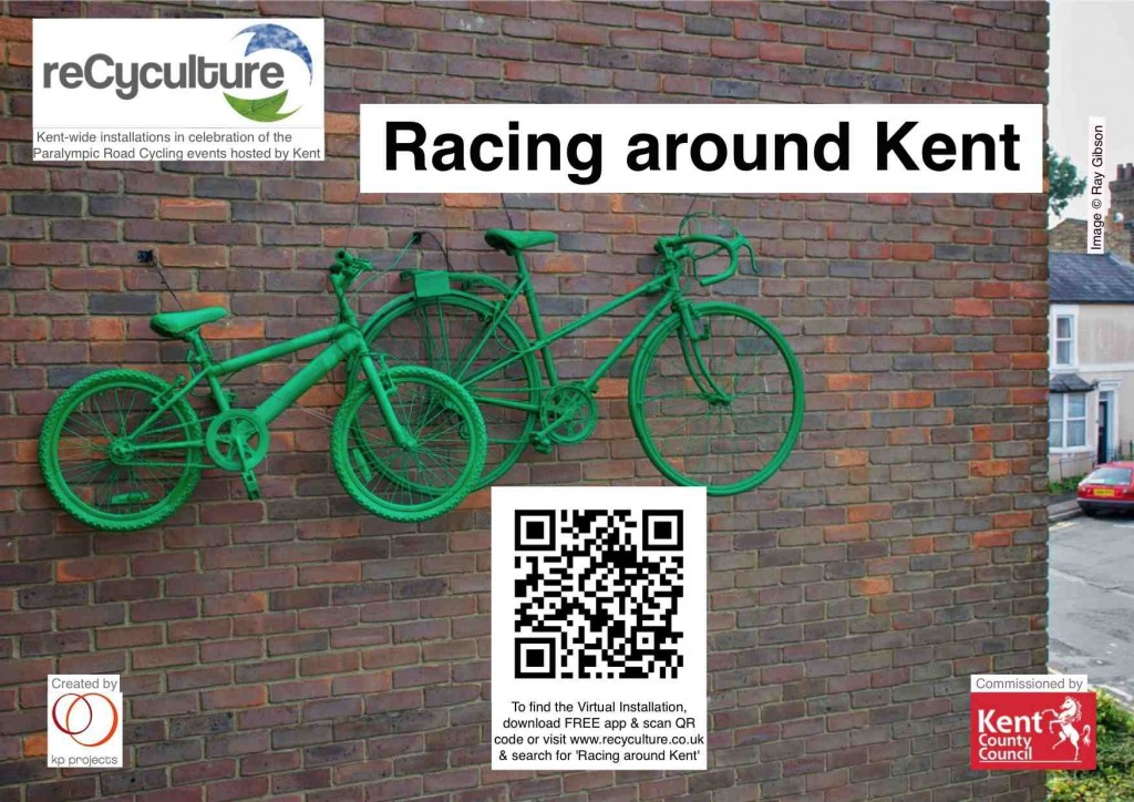 A green racer and green mountain bike at the top of a brick wall, with title, logos & QR code