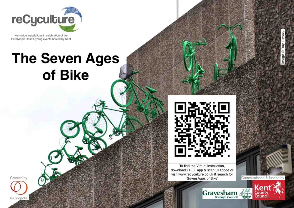 Seven green bikes, from a child's bike with stabilisers to an adult trike, with title, logos & QR code