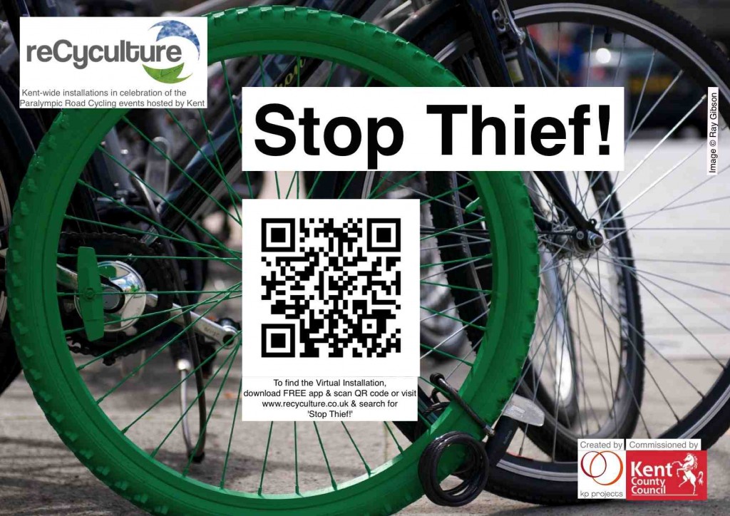 Green bike wheel locked to another bike with title, logos & QR code